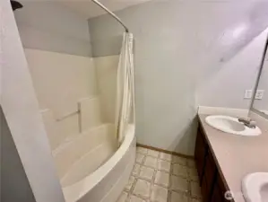 Anther view of the primary bath with double sinks and tub/shower combo.