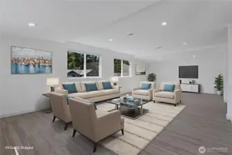 Virtually staged great room.