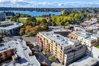 This lovely view shows the south side of the building and the garage entrance in the lower right corner.