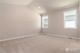 Master bedroom has vaulted ceiling.