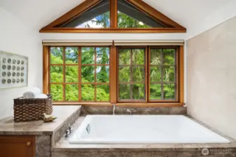 Primary suite has large soaking tub with marble and views of lush surrounding