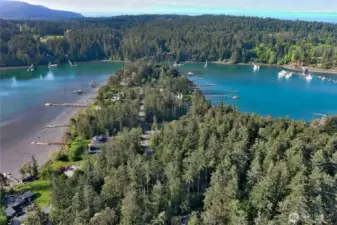 De Haro Lane peninsula off Yacht Haven area of island. Private Community Beach just a short walk from property. Snug Harbor Resort shown in upper right of photo across the calm inlet.