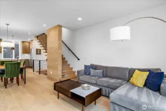 Living room with stairs to upper floor