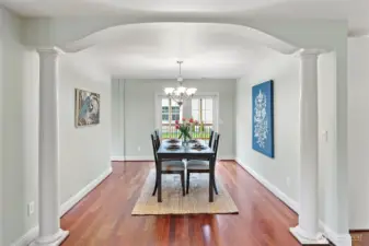 Dining Room Facing Deck – French doors from the dining room open to the deck, offering a beautiful setting for indoor-outdoor entertaining.