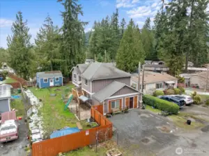 Aerial view of the house showcasing large outdoor area and shed