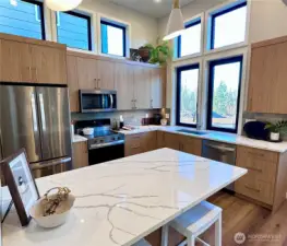 Beautiful cabinets and quartz island with seating
