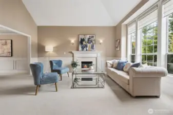 As you come in the house, just to the right is the living room with gas fireplace, cathedral ceiling and a bank of windows for natural light.