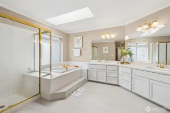 Super-sized primary bath with soaking tub, large shower, and roomy vanity with two sinks and skylight. Room also has a linen closet and TWO walk-in-closets.