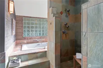 Lovely soaking tub and walk-in shower.