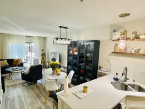 View from kitchen into dining and living