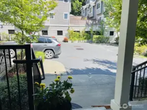 Heading out to the porch & beyond to parking garage just a few steps away