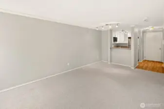 Living Area Looking Toward Kitchen, Eat-In Bar & Entry