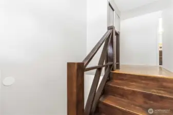 Going up! Coat closet at top of stairs, living room to the left, guest bath straight ahead.