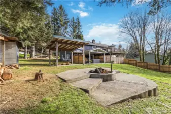 Backyard with firepit, covered area & shed.