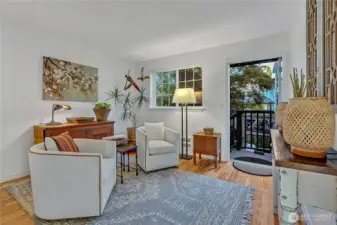 Glass door opens to the outside and custom art glass door opens to the room itself.  Simply sublime!