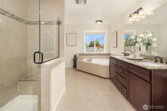 Ensuite bathroom with shower, spa bathtub, and double vanity sinks.