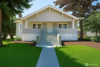 Green grass rendered virtually. The east façade showcases a stately approach, with grand front stairs and a gracefully designed walkway.