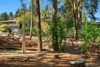 A Meditation garden in the private open space at Thornton Creek has been created from relics of the former St. George Episcopal church which previously stood on the property.