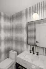 Luxe guest powder rm: marble vanity, pocelain floors, designer wallpaper