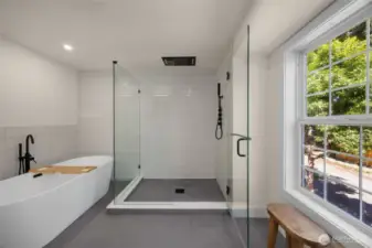 Stunningly redesigned bath offer: rainfall shower, encased shower, soaking tub, and space