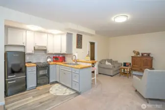 Lower level MIL space equipped with a small kitchen, living area, bedroom and bath.