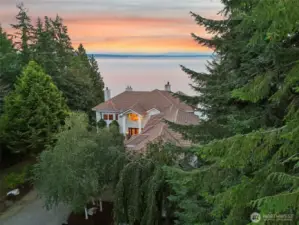 Drone pic of mansion and puget sound views.