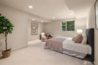 A generously sized lower-level bedroom offers comfort, privacy, and versatility for guests or extended living.