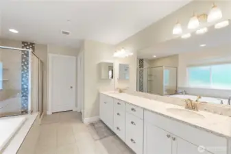 Elegant primary bath. Quartz counters, double sinks.
