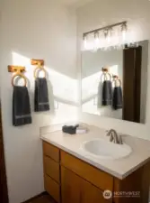 Primary bath with updated lighting, countertops and faucets! Bath includes tub and shower.