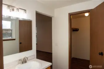 Primary bath with updated lighting, countertops and faucets & walk in closet!