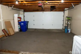 Two car garage with rafter storage.