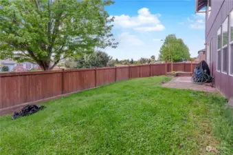 Fully fenced backyard with patio.