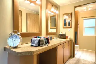 Primary ensuite offers vanity with make up station , medicine cabinet and double lighted mirrors. HUGE walk in closet for all her and his clothes etc.