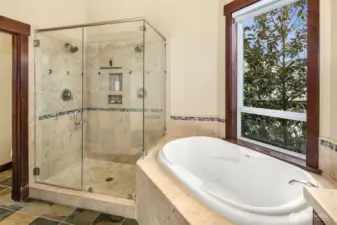 Multi-headed walk in shower and deep soaking tub.