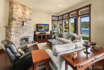 Main great room with radiant heated stained concrete floors.