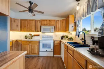 Spacious kitchen with abundant counter space, ceiling fan, and all appliances included. (Virtually staged)