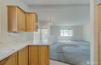 Kitchen looking towards dining area and living room.