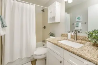 Hallway bathroom is beautifully appointed and spacious.