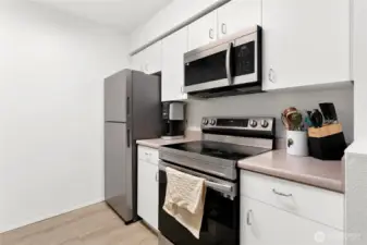 Stainless appliances and nice updated flooring. Lots of storage space.