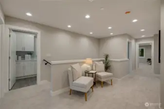 Plush, luxury carpeting upstairs adds a soft,  comfortable touch to the sleeping quarters.