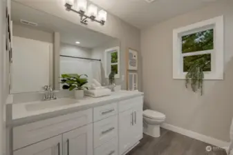 Full bathroom upstairs also boasts dual sinks  so no bumping elbows in the morning.