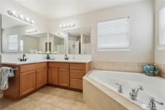 Primary bath complete with soaking tub, double sinks and walk-in shower.