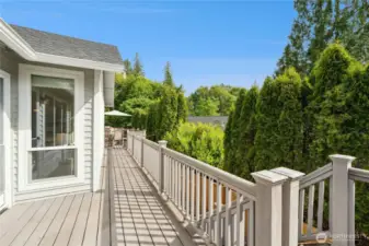 Sun-drenched and inviting deck just outside the Primary bedroom with a view towards the dining area. Lush landscaping offers a bit of privacy too!