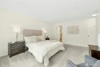Another view of the Primary bedroom with a peek towards a spacious walk-in closet. The bathroom is just to the right of the closet...