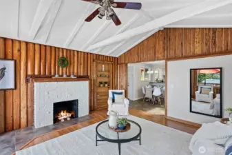 Wood burning fireplace on upper level.