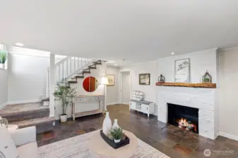 The second wood burning fireplace on the lower level.