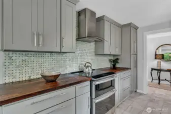 Rich walnut butcher block countertops.