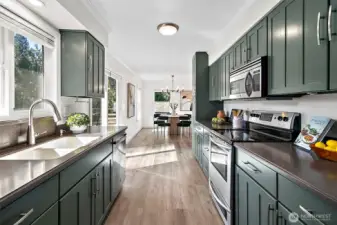 Pull out drawer features in cabinets provide great storage and functionality in the kitchen.