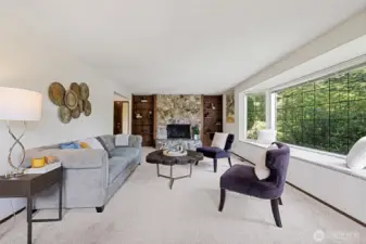 Formal Living Room with Window seating, wood fireplace