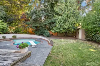Tucked into the corner of the yard, the outdoor shed offers convenient storage for seasonal décor, yard tools, or poolside essentials.
